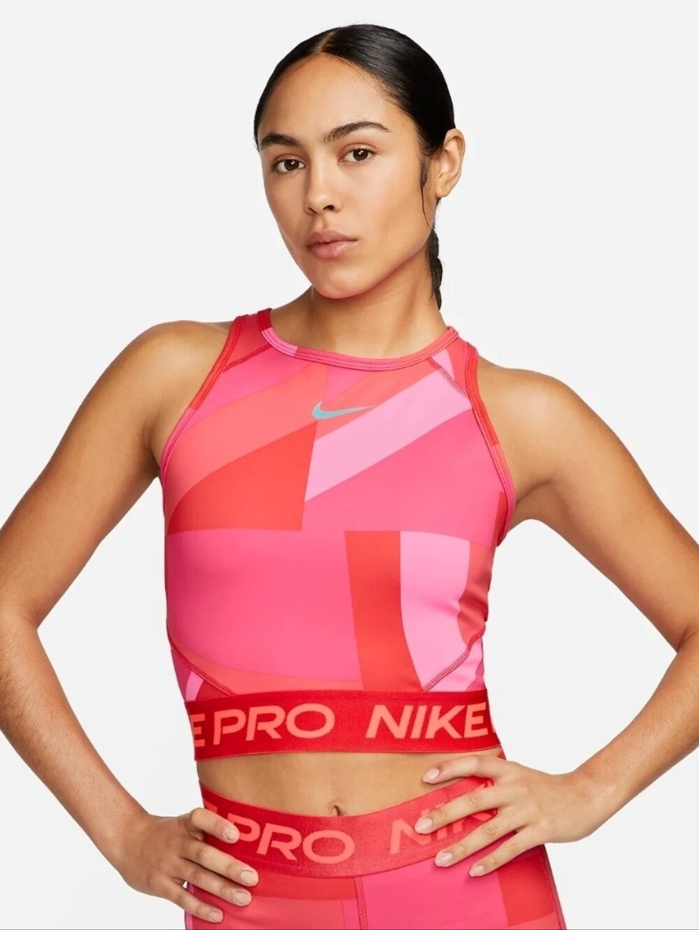 Nike Pro Dri-FIT Sports Bra XS Pink/Red Geometric Racerback Medium Support Logo